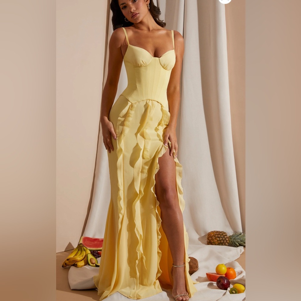 Oh Polly PERRINE Corset Frill Skirt Maxi Dress in Yellow